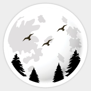 Trees and birds with moon silhouette Sticker